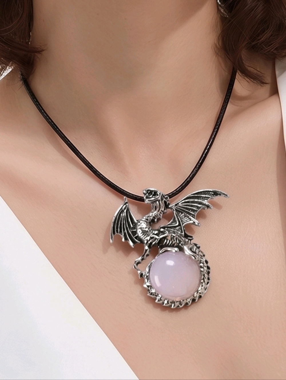 Rose Quartz Dragon Pendant Necklace Pink Stone Gothic Fantasy Jewelry Coquette
